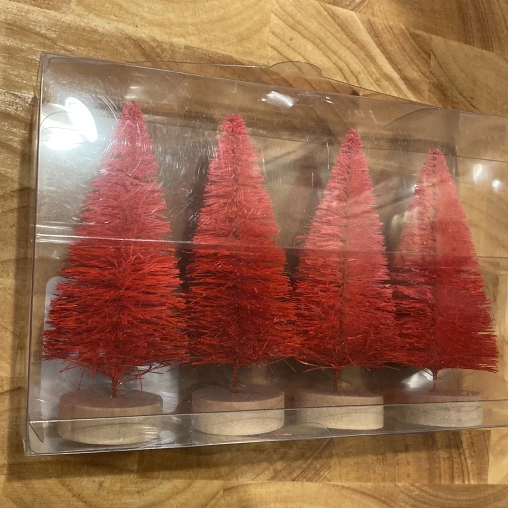 Wooden tabletop Christmas church “joy to the World” red bottle brush tree set